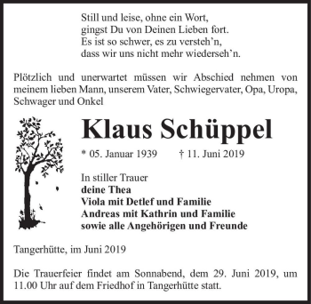 Traueranzeige von Klaus Schüppel  von Magdeburger Volksstimme