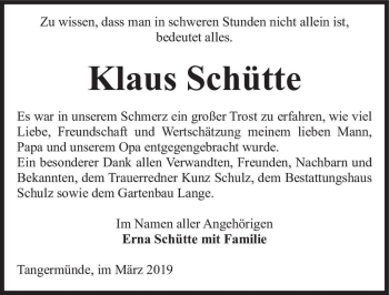 Traueranzeige von Klaus Schütte  von Magdeburger Volksstimme