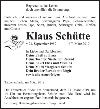 Traueranzeige von Klaus Schütte  von Magdeburger Volksstimme