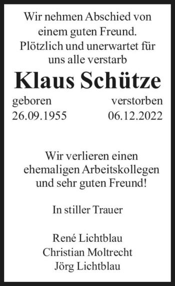 Traueranzeige von Klaus Schütze  von Magdeburger Volksstimme