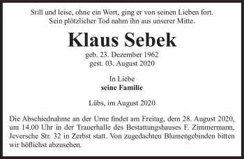 Traueranzeige von Klaus Sebek  von Magdeburger Volksstimme