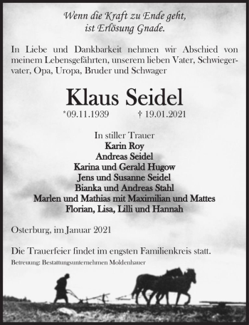 Traueranzeige von Klaus Seidel  von Magdeburger Volksstimme