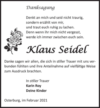 Traueranzeige von Klaus Seidel  von Magdeburger Volksstimme