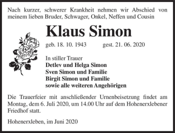 Traueranzeige von Klaus Simon  von Magdeburger Volksstimme