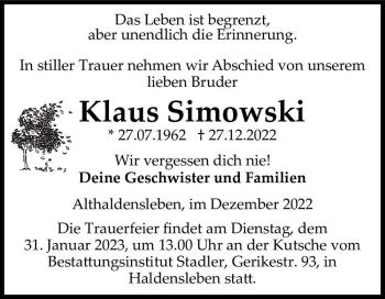 Traueranzeige von Klaus Simowski  von Magdeburger Volksstimme