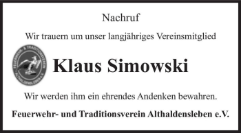 Traueranzeige von Klaus Simowski  von Magdeburger Volksstimme