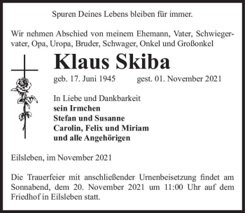 Traueranzeige von Klaus Skiba  von Magdeburger Volksstimme