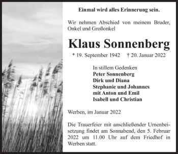 Traueranzeige von Klaus Sonnenberg  von Magdeburger Volksstimme