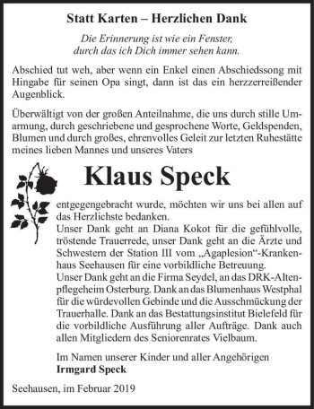 Traueranzeige von Klaus Speck  von Magdeburger Volksstimme