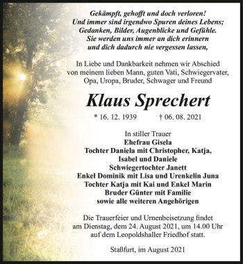 Traueranzeige von Klaus Sprechert  von Magdeburger Volksstimme