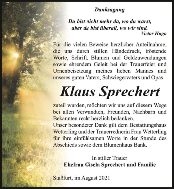 Traueranzeige von Klaus Sprechert  von Magdeburger Volksstimme