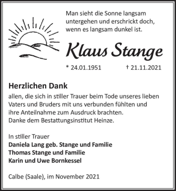 Traueranzeige von Klaus Stange  von Magdeburger Volksstimme