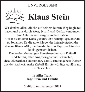 Traueranzeige von Klaus Stein  von Magdeburger Volksstimme