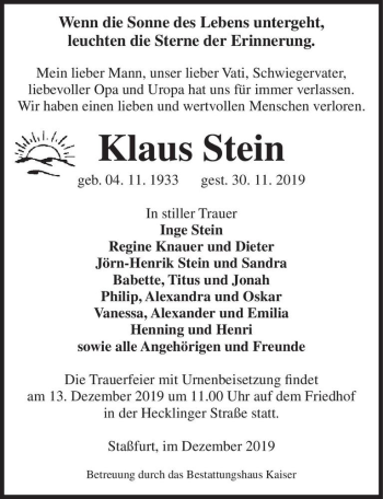 Traueranzeige von Klaus Stein  von Magdeburger Volksstimme