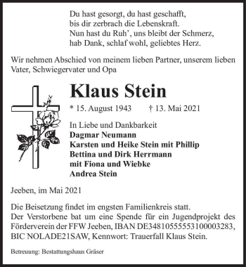 Traueranzeige von Klaus Stein  von Magdeburger Volksstimme