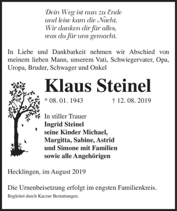 Traueranzeige von Klaus Steinel  von Magdeburger Volksstimme