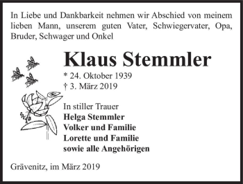 Traueranzeige von Klaus Stemmler  von Magdeburger Volksstimme