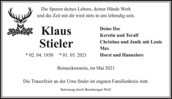 Traueranzeige von Klaus Stieler  von Magdeburger Volksstimme
