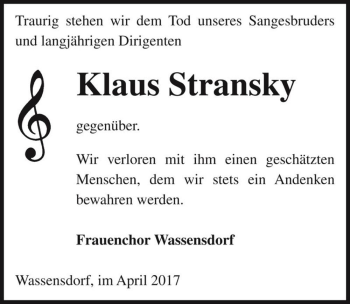 Traueranzeige von Klaus Stransky  von Magdeburger Volksstimme