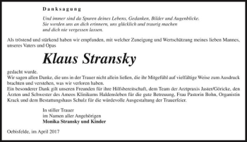 Traueranzeige von Klaus Stransky  von Magdeburger Volksstimme