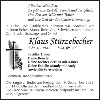 Traueranzeige von Klaus Stürzebecher  von Magdeburger Volksstimme