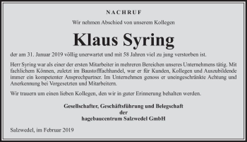 Traueranzeige von Klaus Syring  von Magdeburger Volksstimme