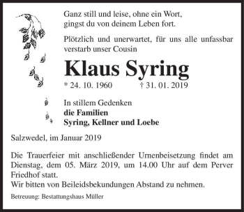 Traueranzeige von Klaus Syring  von Magdeburger Volksstimme