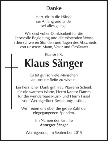 Traueranzeige von Klaus Sänger  von Magdeburger Volksstimme