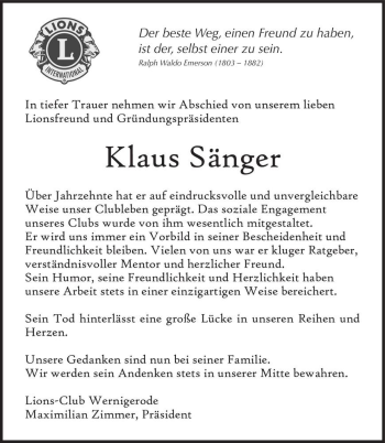 Traueranzeige von Klaus Sänger  von Magdeburger Volksstimme