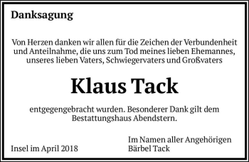 Traueranzeige von Klaus Tack  von Magdeburger Volksstimme