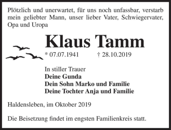 Traueranzeige von Klaus Tamm  von Magdeburger Volksstimme
