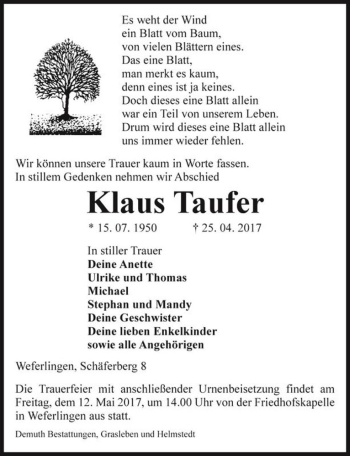 Traueranzeige von Klaus Taufer  von Magdeburger Volksstimme