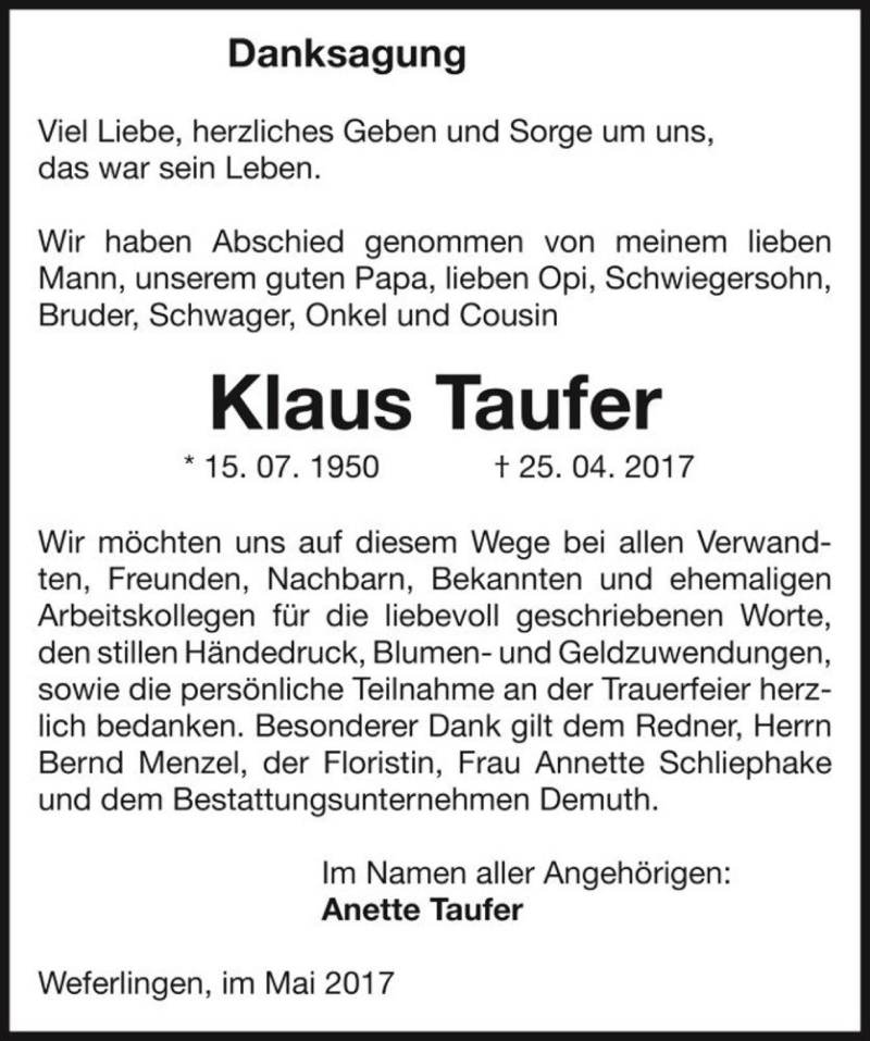  Traueranzeige für Klaus Taufer  vom 27.05.2017 aus Magdeburger Volksstimme