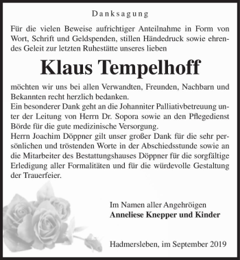 Traueranzeige von Klaus Tempelhoff  von Magdeburger Volksstimme