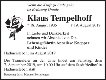 Traueranzeige von Klaus Tempelhoff  von Magdeburger Volksstimme