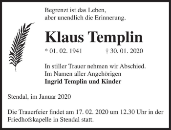 Traueranzeige von Klaus Templin  von Magdeburger Volksstimme