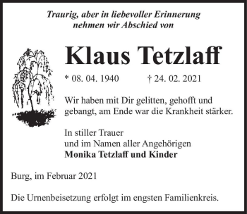 Traueranzeige von Klaus Tetzlaff  von Magdeburger Volksstimme