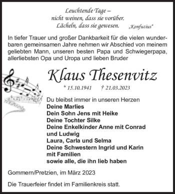 Traueranzeige von Klaus Thesenvitz  von Magdeburger Volksstimme