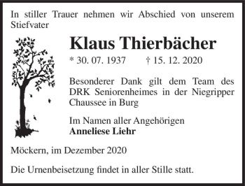 Traueranzeige von Klaus Thierbächer  von Magdeburger Volksstimme