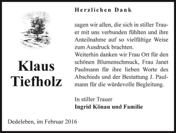 Traueranzeige von Klaus Tiefholz  von Magdeburger Volksstimme
