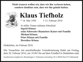 Traueranzeige von Klaus Tiefholz  von Magdeburger Volksstimme