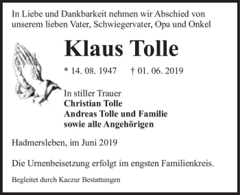 Traueranzeige von Klaus Tolle  von Magdeburger Volksstimme