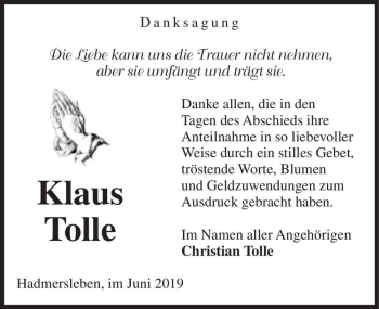 Traueranzeige von Klaus Tolle  von Magdeburger Volksstimme