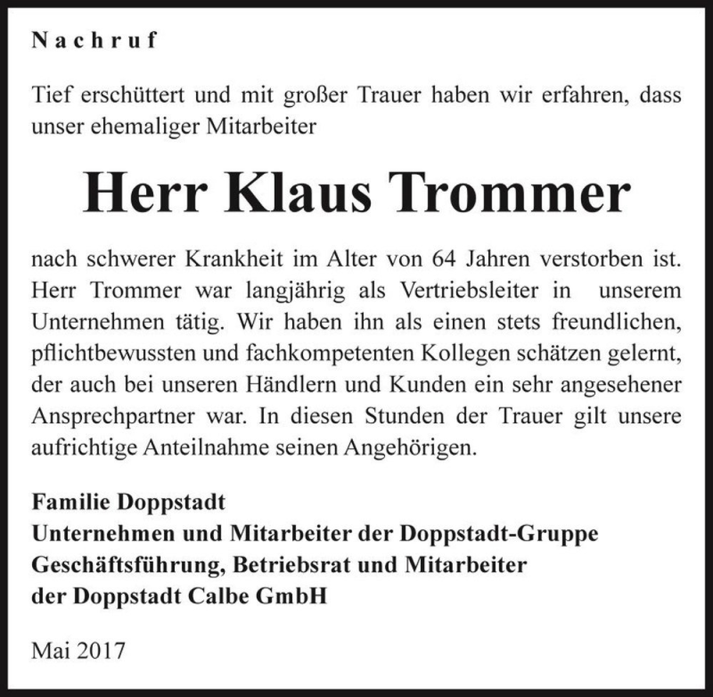  Traueranzeige für Klaus Trommer  vom 27.05.2017 aus Magdeburger Volksstimme