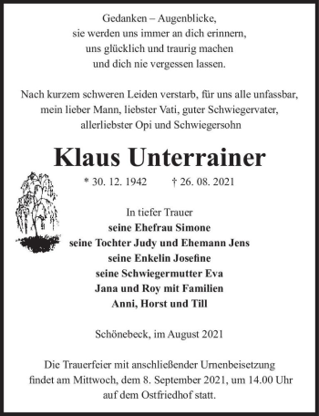 Traueranzeige von Klaus Unterrainer  von Magdeburger Volksstimme