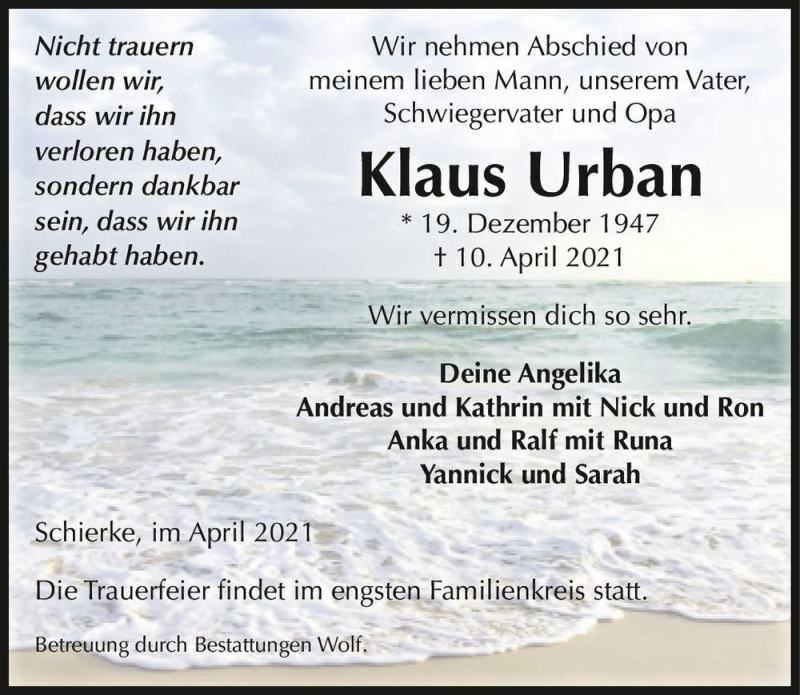  Traueranzeige für Klaus Urban  vom 17.04.2021 aus Magdeburger Volksstimme