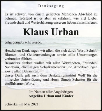 Traueranzeige von Klaus Urban  von Magdeburger Volksstimme
