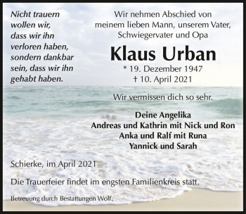 Traueranzeige von Klaus Urban  von Magdeburger Volksstimme
