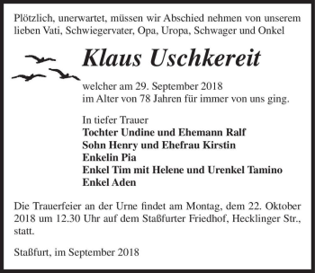 Traueranzeige von Klaus Uschkereit  von Magdeburger Volksstimme