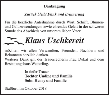 Traueranzeige von Klaus Uschkereit  von Magdeburger Volksstimme